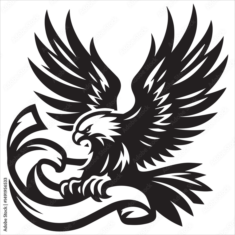 Obraz premium Eagle Clutching a Banner Silhouette, Eagle With Banner