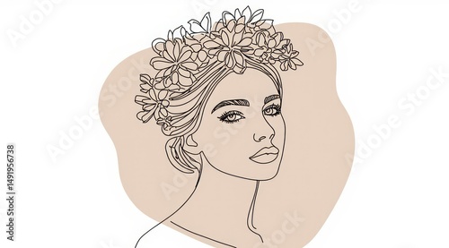 Elegant line art illustration of a woman with flowers.