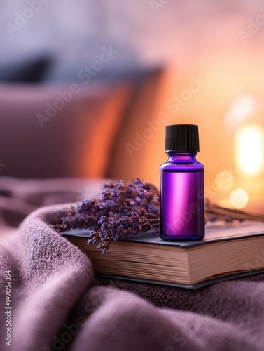 A serene lavender essential oil bottle placed on a cozy blanket beside a book and soft lighting