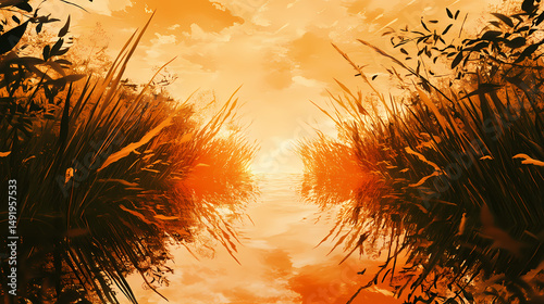 Golden hour reverie tall grasses frame a sunset mirroring on tranquil waters. [Inverted Nature] | Reflective Meadow | mirrored grass. Illustration
