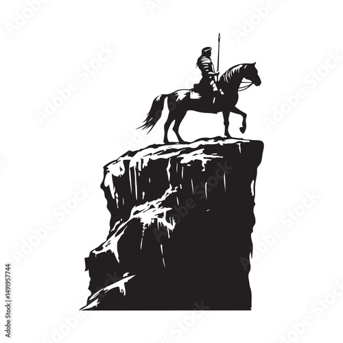 Knight on Horseback Riding Through the Mountains Silhouette vector.