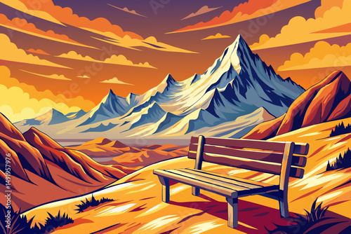 eyeful Lone Wooden Bench on Snowy Hilltop with Panoramic Mountain landscape background