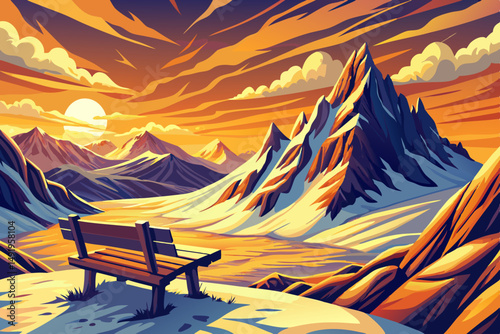 eyeful Lone Wooden Bench on Snowy Hilltop with Panoramic Mountain landscape background
