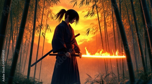 Samurai warrior with flaming sword in bamboo forest