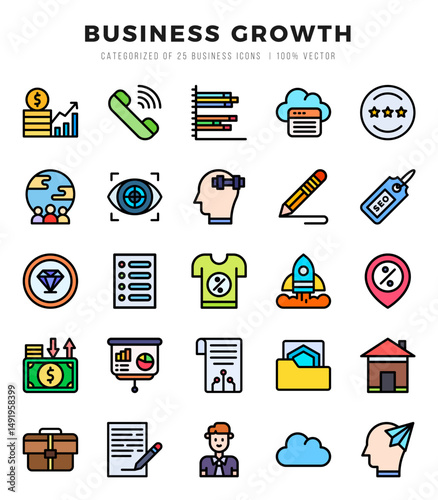Business Growth Icons Pack. Lineal Color icons set. Lineal Color icon collection set.