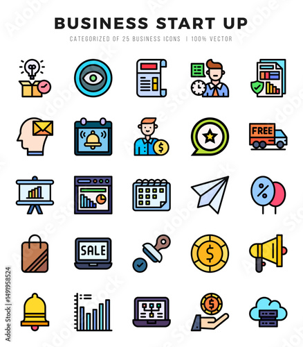 Set of 25 Business Start Up Lineal Color Icons Pack.