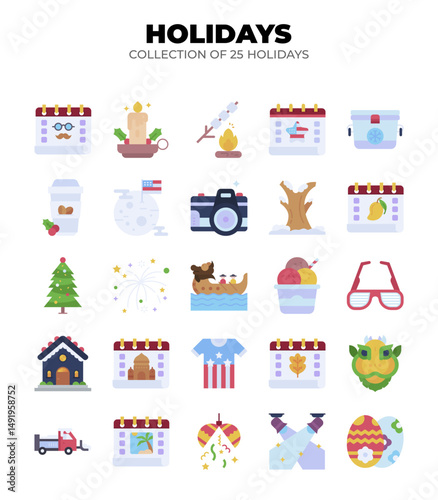 Collection of 25 Holidays. Festive Icons for Celebrations and Events
