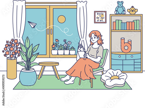椅子に座ってタブレットを持っている女性のカラーイラスト