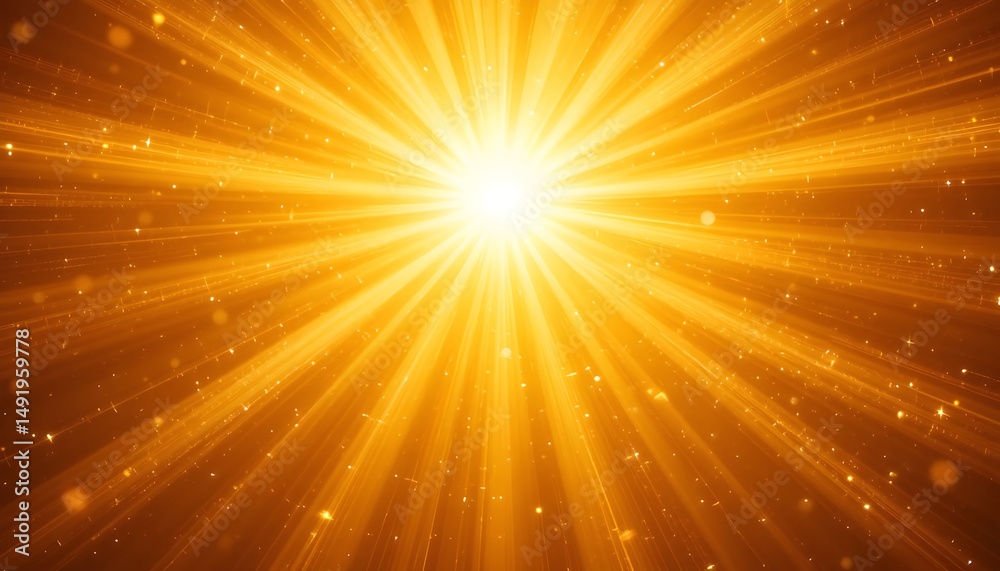 Obraz premium Bright Sunny Yellow Orange Golden Sun Rays Sparkle Sunburst Background with Copy Space for Text