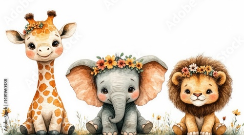 Illustration of cartoon animals: giraffe, elephant, lion