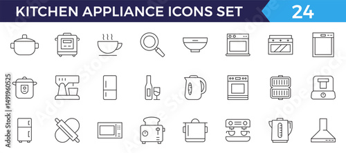 Kitchen appliance line web icon. Oven, mixer, dishwasher, food processor, vector illustrations