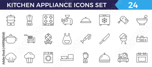 Kitchen appliance line web icon. Oven, mixer, dishwasher, food processor, vector illustrations