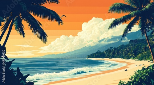 Tropical beach with palm trees at sunset