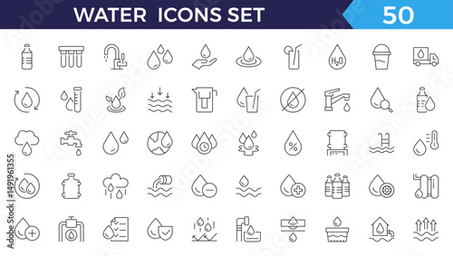 water linear icon collection real estate. Drop Water, Mineral Water, Low and High Tide, Shower, Plastic Bottle and Glass.