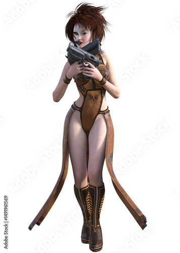 Futuristic female warrior with weapon in fighting pose. 3D rendered sci-fi anime style woman warrior holding two guns. 3D Illustration of a fantasy woman in brown leather outfit with two black guns.