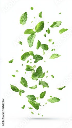 Fresh Mint Leaves Falling on White Background Studio Shot Minimalist Style Food and Beverage Ingredient Herb Ingredient Culinary Use