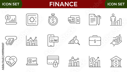 Finance line web icons Money and Coins. Cash, Credit Cards, Money Bag, Containing banking, Investment, income, accounting, money, loan.