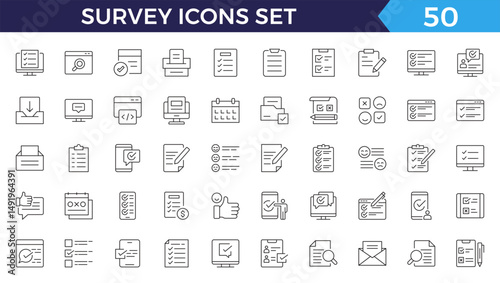 Survey feedback, testimonial, customer thin line icons. For website marketing design, logo, app, template, ui, etc.