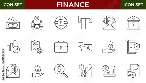 Finance line web icons Money and Coins. Cash, Credit Cards, Money Bag, Containing banking, Investment, income, accounting, money, loan.