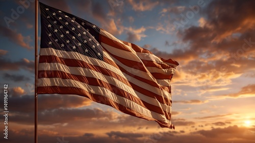 Conceptual representation of the American flag waving in the breeze during sunset on a national holiday celebrating freedom and unity