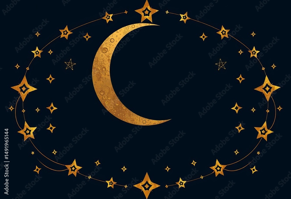 Naklejka premium Elegant gold moon, stars, celestial design elements; vintage style vector illustration, elements, vintage