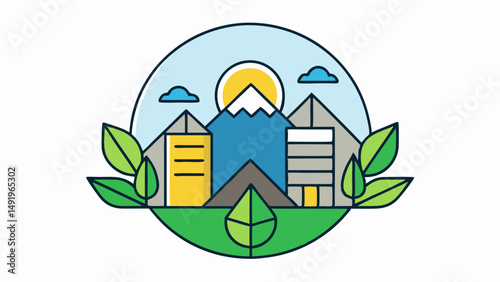 Eco Cityscape Harmony Buildings meet nature under the sun a sustainable future with clean and simple