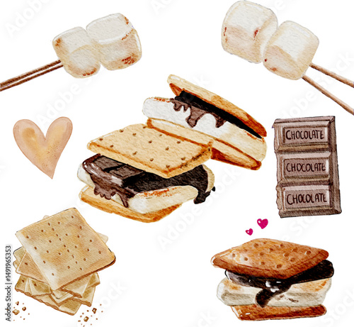 Watercolor S’mores Clipart Set – Rustic Campfire Love Elements