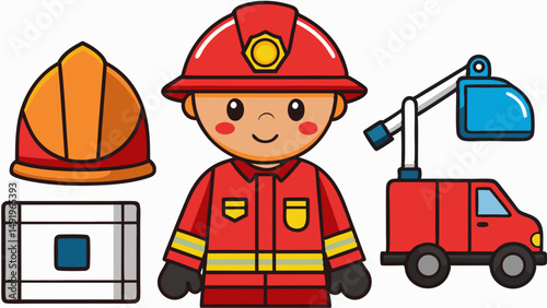 A brave cartoon firefighter ready to respond with truck and helmet in bright cheerful colors and