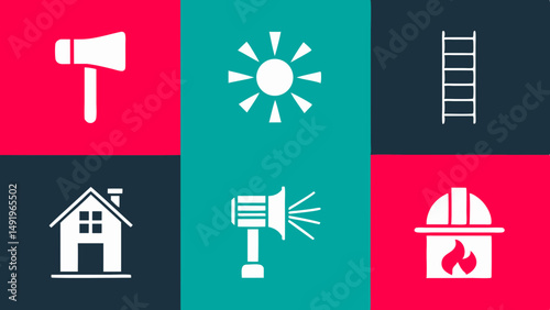 Fire safety preparedness checklist including axe ladder house siren and fireman icons set on vibrant