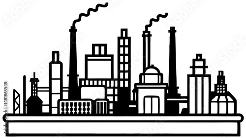 A stylized depiction of an industrial complex skyline symbolizing progress with smoking chimneys