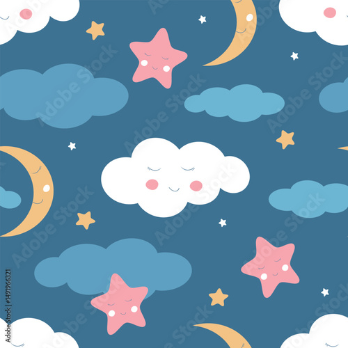 vector seamless kids pattern with clouds, moons, stars