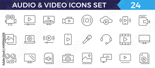 Audio Video Icons Pack. Thin line icons set. Flat icon collection set. Simple outline icons.