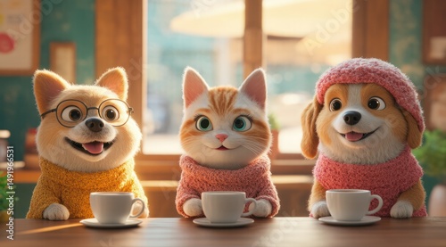 Animals enjoying coffee in a warm and cozy setting.