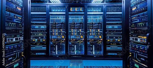 Server data rack machine. Hardware computing infrastructure system. Generative video AI technology.	
