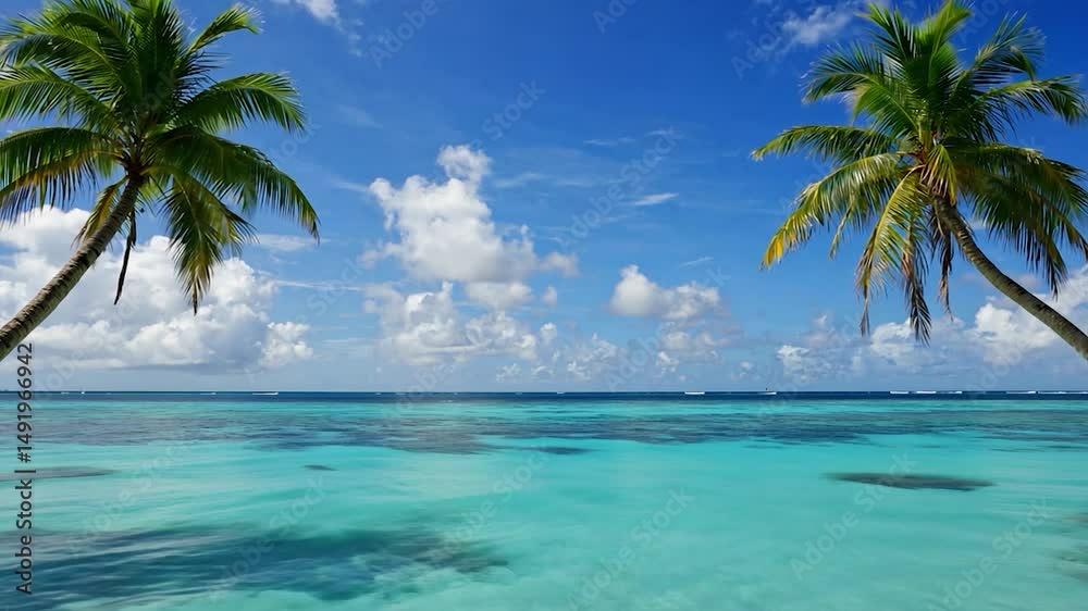 Tropical paradise island with palm trees and a sandy beach by the turquoise sea Tropical paradise island with palm trees and a sandy beach by the turquoise sea