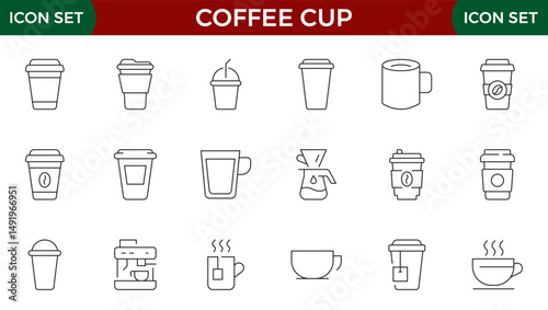 Coffee cup line web icons. Disposable coffee cup. Coffee paper cup, plastic container for hot and cold drink, juice, tea.