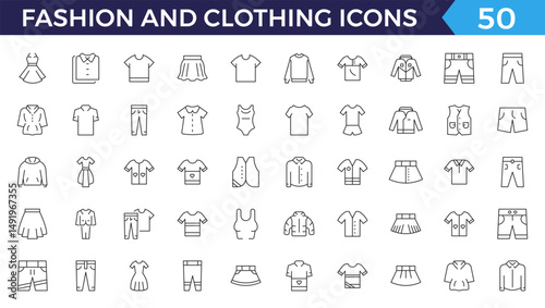 Clothes web line icons. Fashion icons. T-shirt, Pants, Jacket, Dress, Short, Shoe, Shirt symbols. vector illustrations.