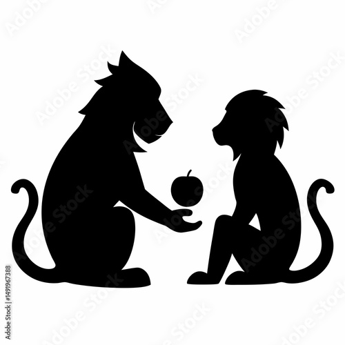 Two monkeys sharing an apple silhouette