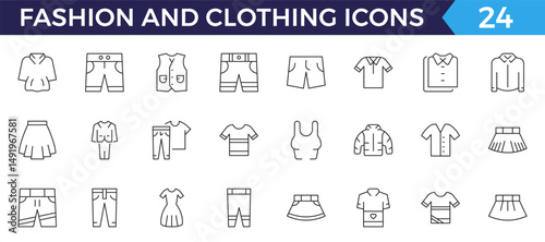 Clothes web line icons. Fashion icons. T-shirt, Pants, Jacket, Dress, Short, Shoe, Shirt symbols. vector illustrations.