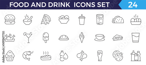 Food and Drink Line Editable Icons set. Vector illustration in thin line style of nutrition related icons: vegetables, fruits, desserts, meat, baked goods,