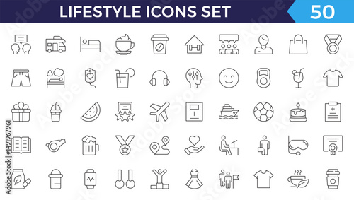 Lifestyle icon set. Containing healthy lifestyle, diet, exercise, sleep, relationships, running, routine, self-care, culture and hobbies icons. Editable stroke outline icon.