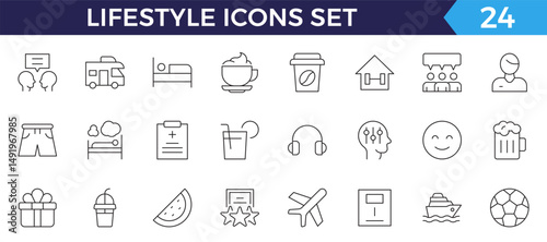 Lifestyle icon set. Containing healthy lifestyle, diet, exercise, sleep, relationships, running, routine, self-care, culture and hobbies icons. Editable stroke outline icon.