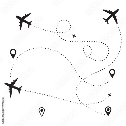 Airplane dotted route line set. Path travel line shapes. Flight route with start point and dash line trace for plane flat style plane icon from start pin point to finish isolated on white background.A
