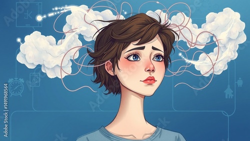 Pensive figure amid chaotic clouds of thought