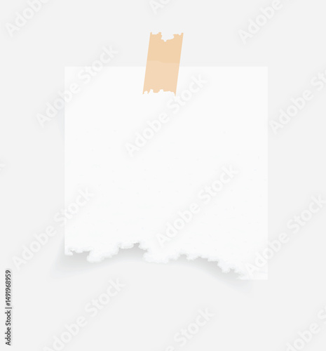 Paper note and tape. Torn paper sheet sticker on white background. White paper memo for reminder. Vector illustration.