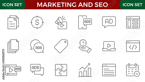 Marketing and Seo line web icons Digital marketing. Containing seo, content, website, social media. Editable stroke.