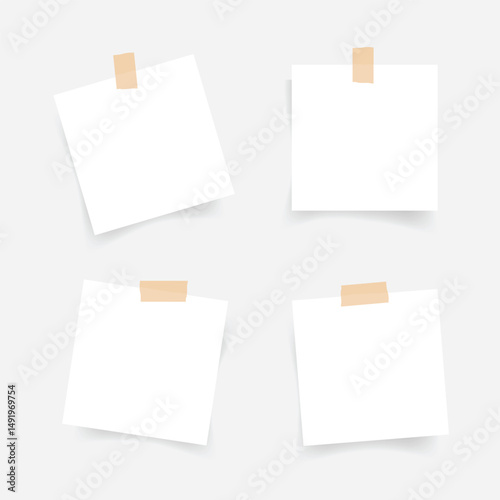 Paper note and tape. Torn paper sheet sticker on white background. White paper memo for reminder. Vector illustration.