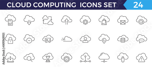 Cloud Computing line icons set. Cloud, cloud services, server, cyber security, digital transformation, computing, server, database, technology, networking, data and internet outline icons collection.