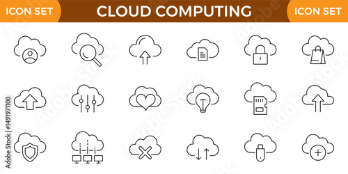 Cloud Computing line icons set. Cloud, cloud services, server, cyber security, digital transformation, computing, server, database, technology, networking, data and internet outline icons collection.
