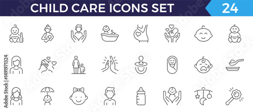 Child care line web icons. international children day, kid rights, parenthood. Outline icon collection. Editable stroke. Vector illustration